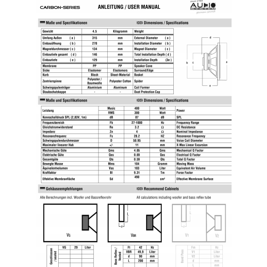 Audio System Carbon 12 +GI12 Siatka GRATIS 300W RMS 30cm