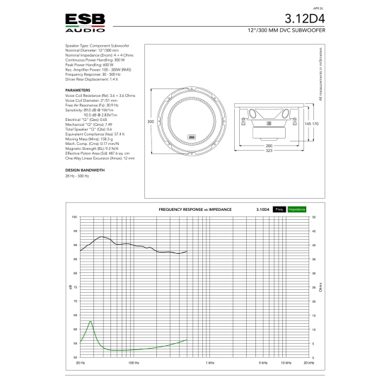 ESB AUDIO 3.12D4 – subwoofer 300 mm DVC 4+4 Ω, 300 W RMS