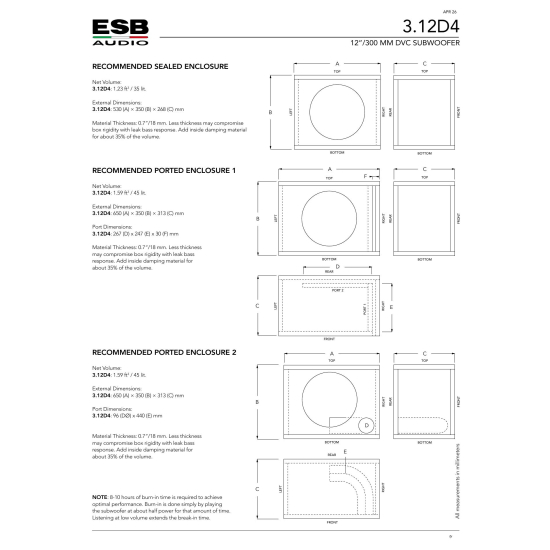 ESB AUDIO 3.12D4 – subwoofer 300 mm DVC 4+4 Ω, 300 W RMS