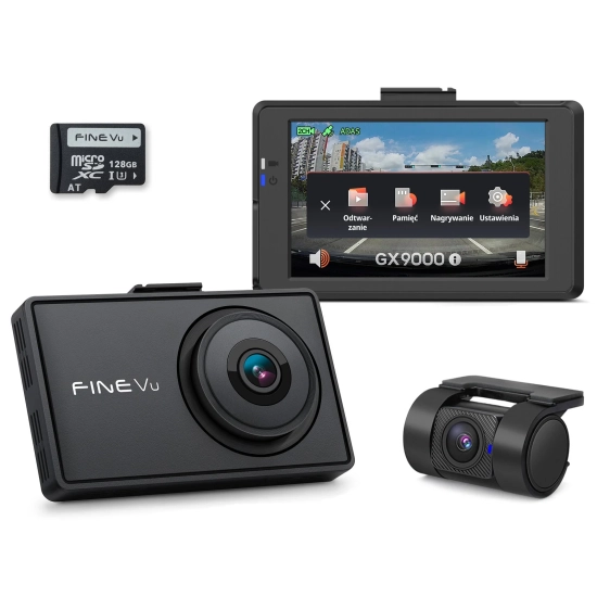 FineVu GX9000 – Premium 2.5K QHD + Full HD Dash Cam with GPS, HDR, Wi-Fi 5 and Advanced Parking Surveillance z kartą FineVu 128 GB