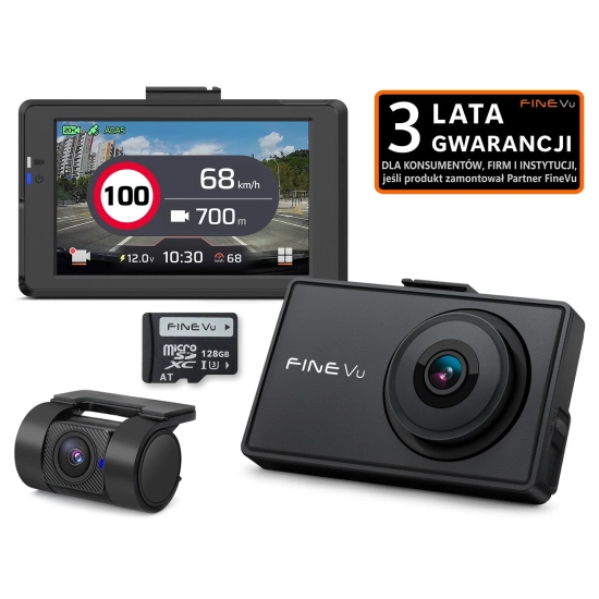 FineVu GX9000 – Premium 2.5K QHD + Full HD Dash Cam with GPS, HDR, Wi-Fi 5 and Advanced Parking Surveillance z kartą FineVu 128 GB